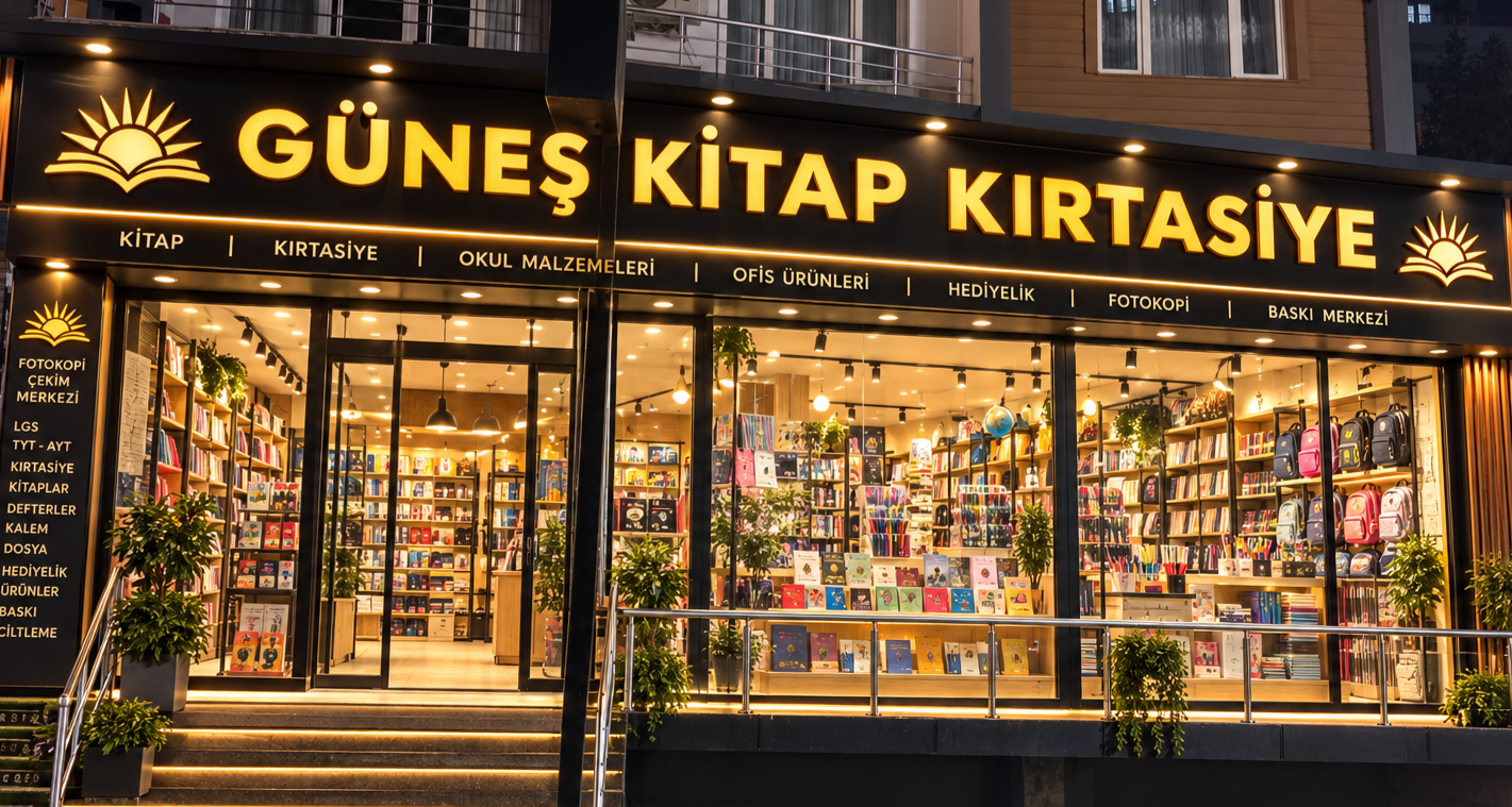 Güneş Kitap Kırtasiye mağazasının geniş vitrin ve cephe görünümü